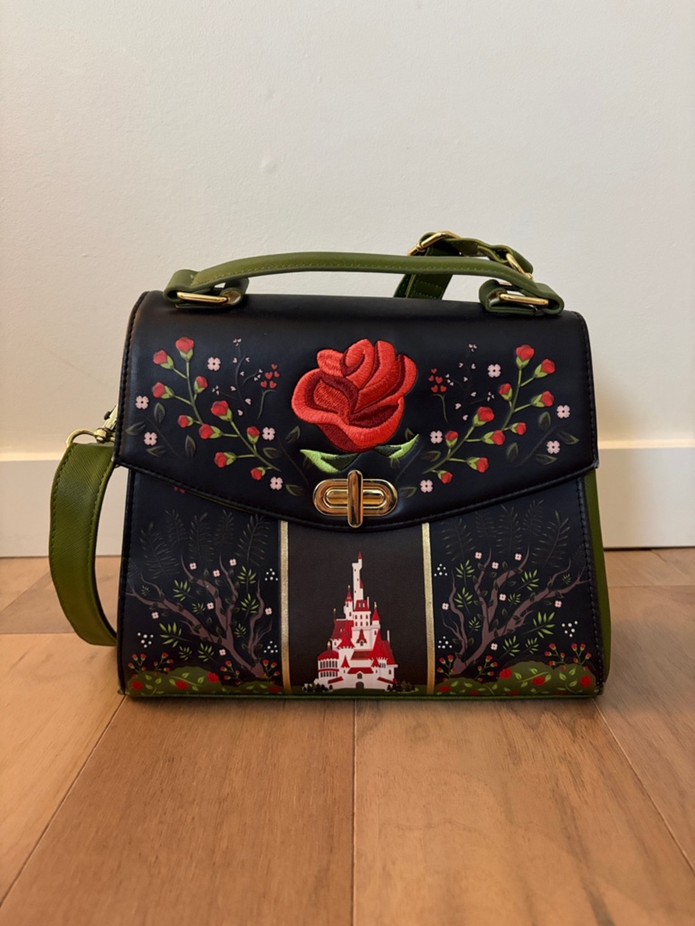Loungefly Black Satchel, Rose embroidery, Olive Accents, Disney  Beauty & Beast